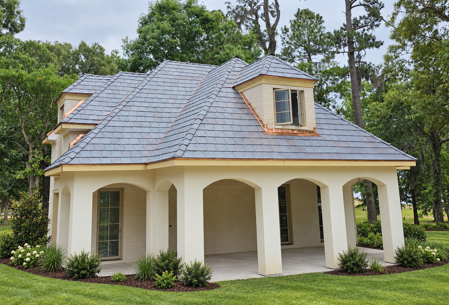 Brava tile roof with copper flashing around dormers in landscaped grounds in New Bern, NC