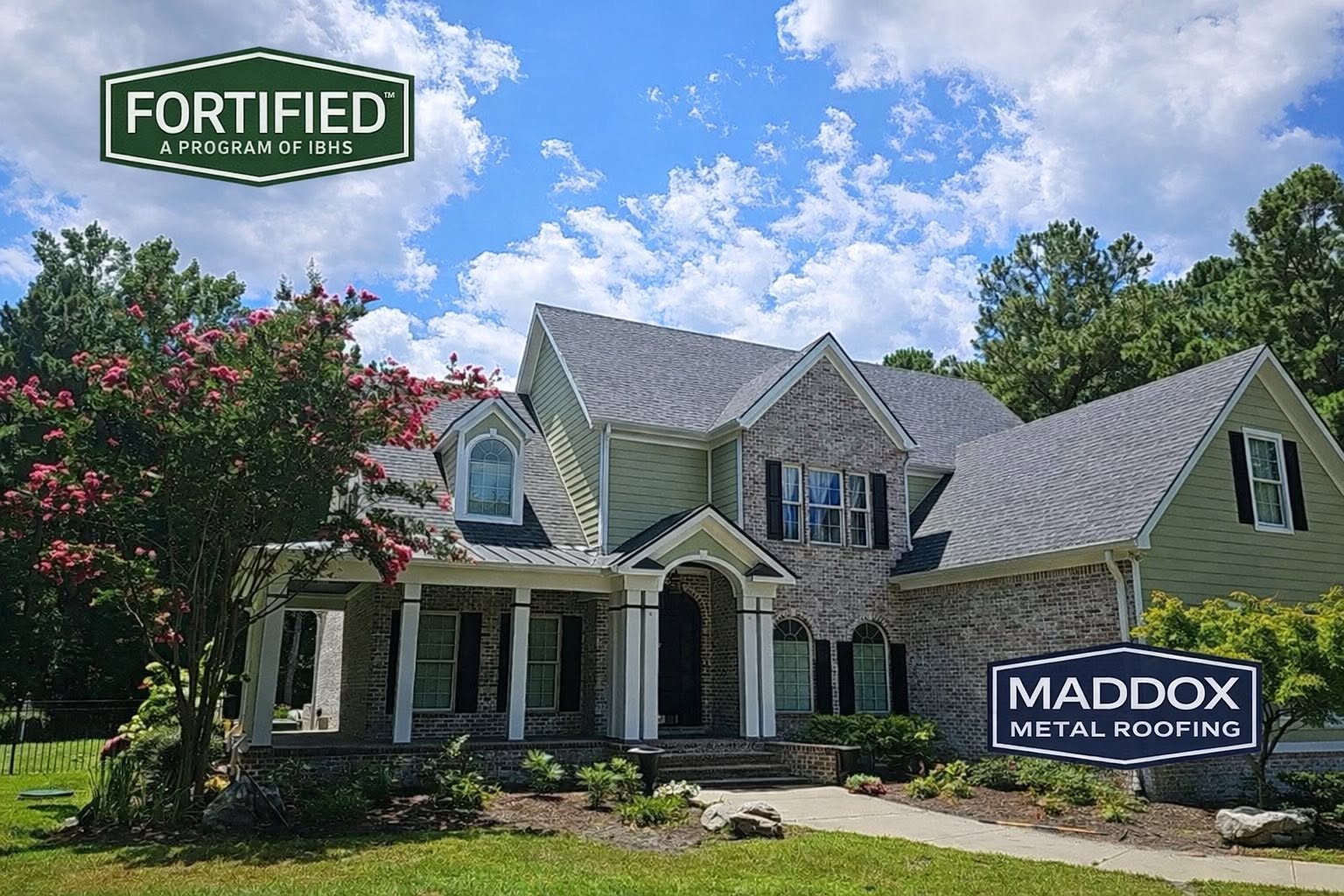 Shingle roof on a Maddox project in New Bern, NC with FORTIFIED program signage